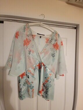 White House Black Market Light Blue Floral Wrap Top with Coral Flowers